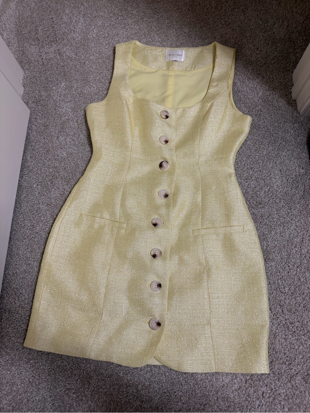 Line & Dot Pale Yellow Button-Front Mini Dress